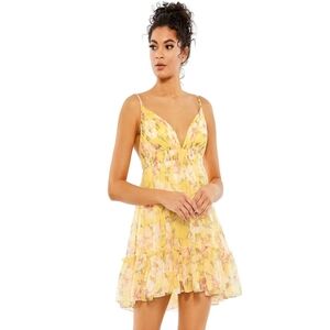 NWT Mac Duggal Yellow Floral Empire Waist Ruffled Mini Dress Size 8